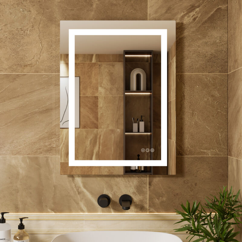 foto del prodotto auralum specchio da bagno 90 x 60 cm con touch control, 3 colori di luce, dimmerabile, antiappannamento, impermeabile ip64