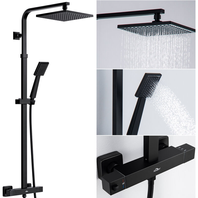 foto del prodotto auralum termostatico colonna doccia negro colonna doccia con miscelatore termostatico 38 , set doccia con soffione quadrato 215mm e doccetta, asta