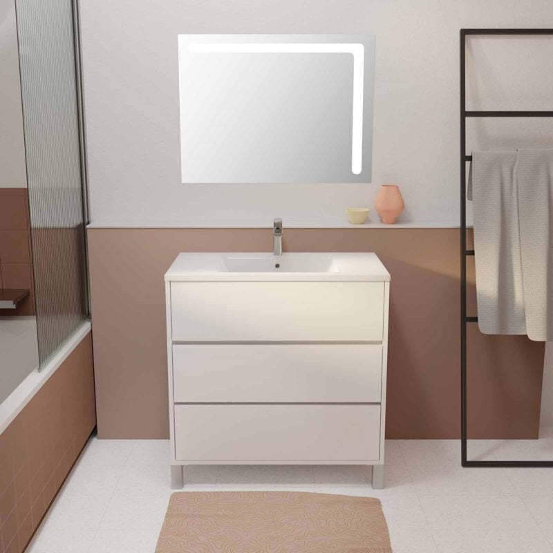 foto del prodotto aurlane armadio per mobile da bagno bianco 80 cm a piedi 3 cassetti lavabo in ceramica bianca specchio