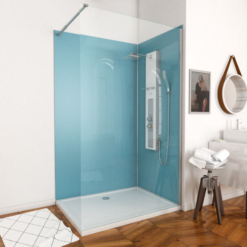 foto del prodotto aurlane kit pannelli murali in alluminio blu 120 90 profili cromati piatto doccia in acrilico 120x90