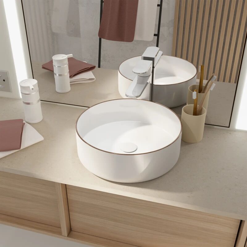 foto del prodotto aurlane lavabo da appoggiare rotondo in ceramica bianca con bordino oro rosa diametro 36cm altezza 12cm