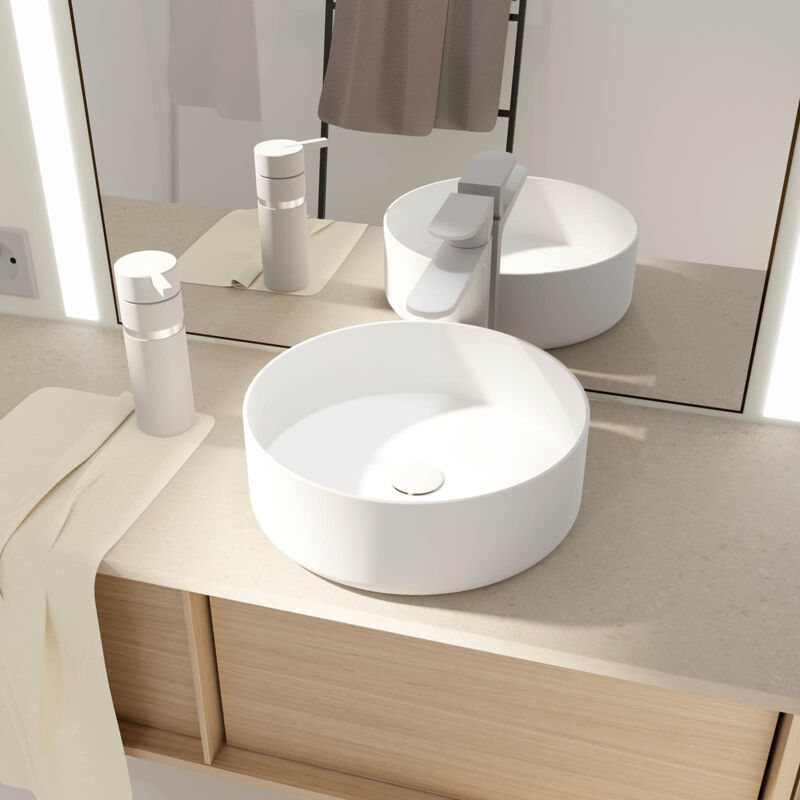 foto del prodotto aurlane lavabo da appoggiare rotondo in ceramica bianca opaca 36cm x 12cm pop matt