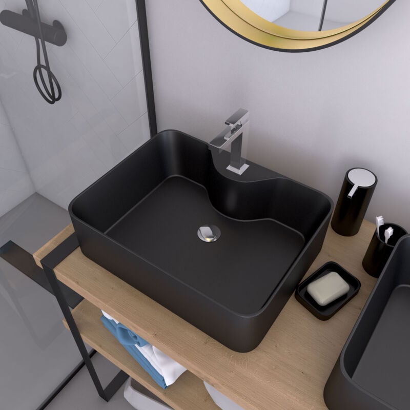 foto del prodotto aurlane - lavabo da appoggio rettangolare in ceramica nera - 48x37x13.5cm - rectangular dark