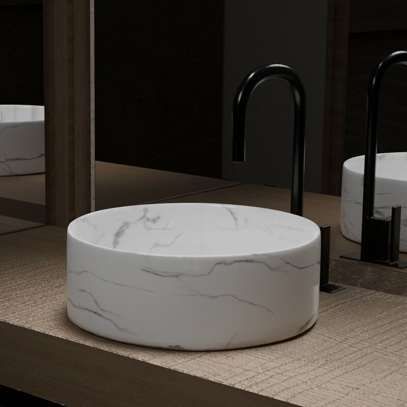 foto del prodotto aurlane lavabo rotondo da appoggio in ceramica bianca opaca effetto marmo 36cm x 13cm white marble