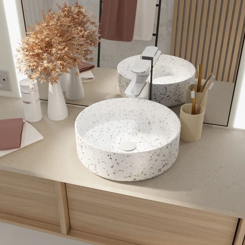 foto del prodotto aurlane lavabo rotondo in ceramica bianca opaca effetto terrazzo grigio 35 cm x 12 cm