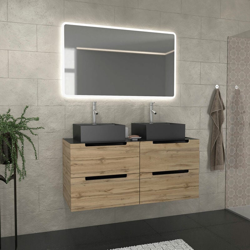 foto del prodotto aurlane mobile bagno 120cm effecto rover e nero, lavabi quadrati e specchio led 120x70 omega