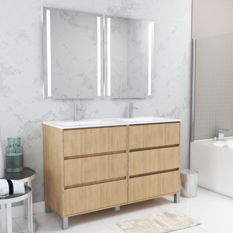 foto del prodotto aurlane mobile bagno 120cm rovere chiaro 6 cassetti, lavabo, 2 specchi 60x80 con luce led integrata xenos