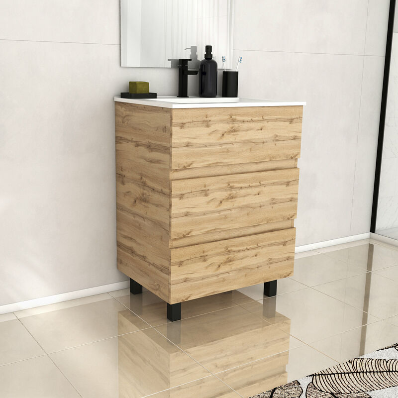 foto del prodotto aurlane mobile bagno 60cm 3 cassettirovere naturale lavabo ceramica bianca timber 60