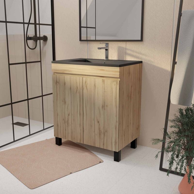 foto del prodotto aurlane mobile bagno 70cm 2 ante aspetto rovere naturale e lavabo ceramica nera opaca