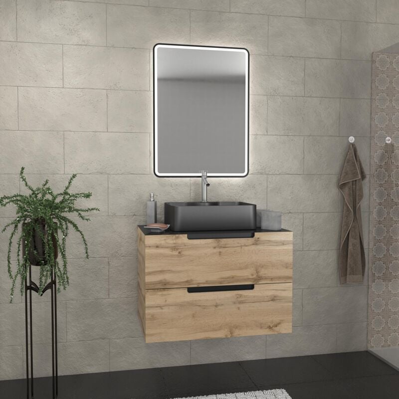 foto del prodotto aurlane mobile bagno 80 cm 2 cassetti rovere e nero lavabo rettangolare specchio black led omega