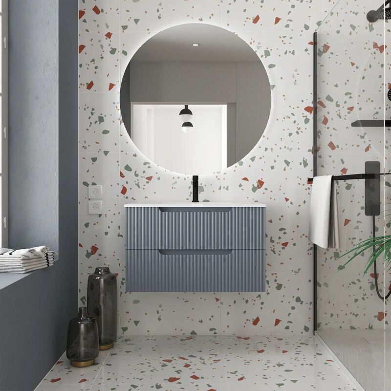 foto del prodotto aurlane mobile bagno 80cm grigio topo 2 cassetti in mdf ondulato lavabo da incasso bianco