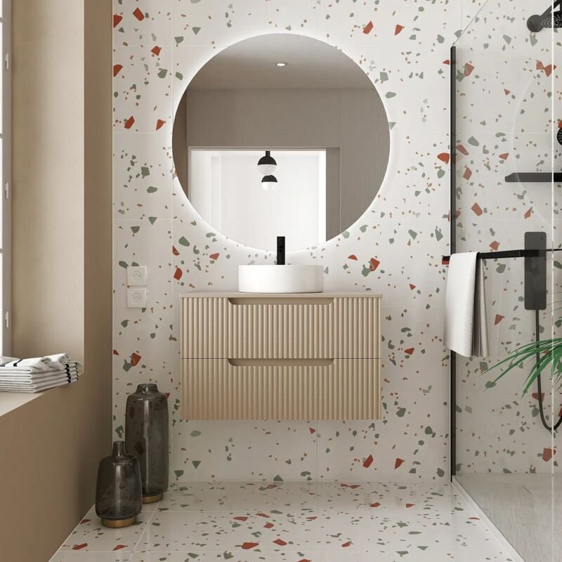foto del prodotto aurlane mobile bagno 80cm marrone glassato 2 cassetti in mdf ondulato lavabo rotondo 36cm