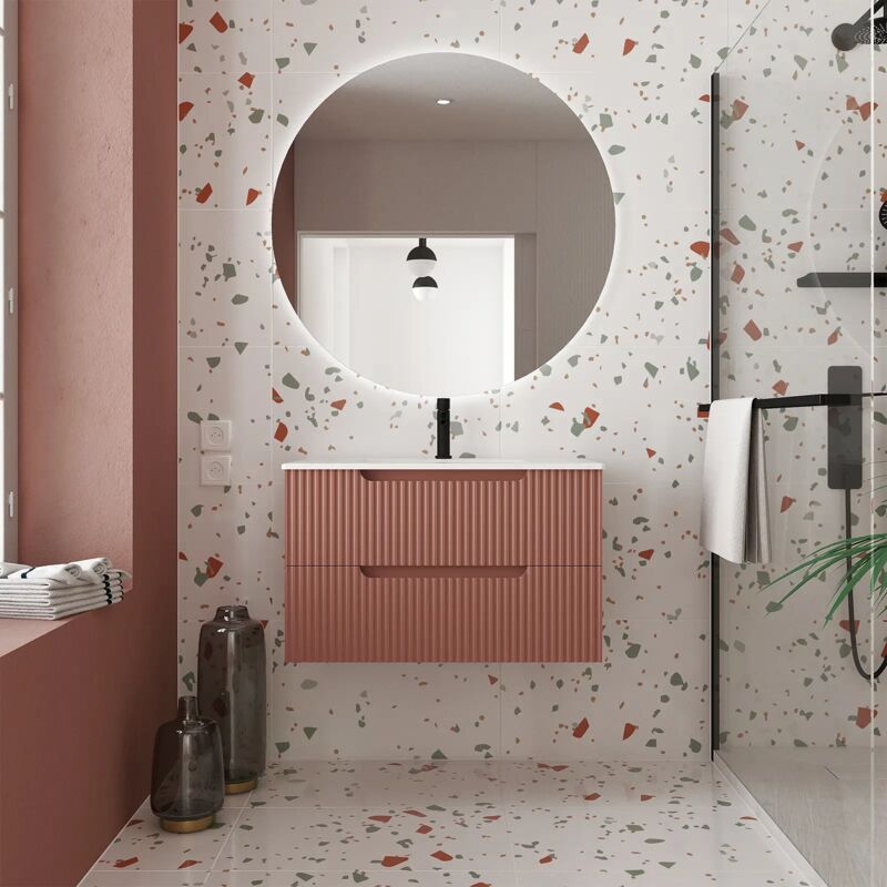 foto del prodotto aurlane mobile bagno 80cm terracota 2 cassetti in mdf ondulato lavabo da incasso bianco