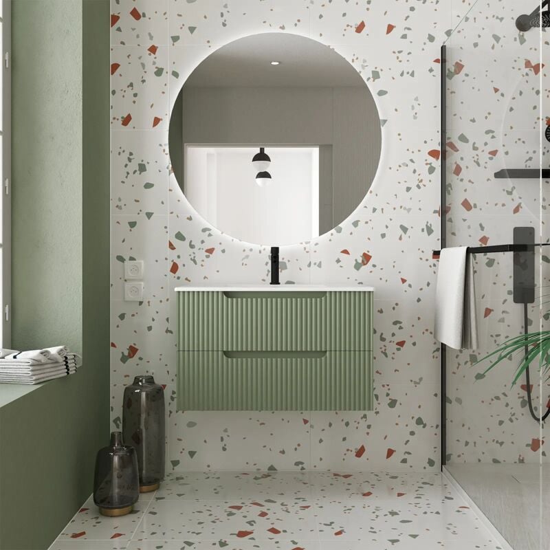 foto del prodotto aurlane mobile bagno 80cm verde oliva 2 cassetti in mdf ondulato lavabo da incasso bianco