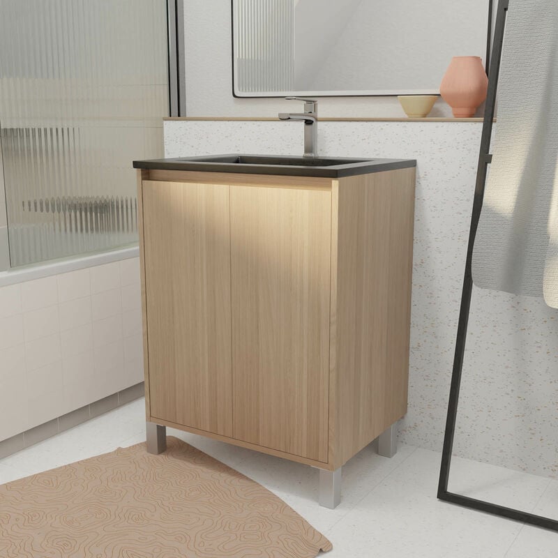 foto del prodotto aurlane mobile bagno da 60 cm 2 ante rovere chiaro lavabo ceramica nera xenos