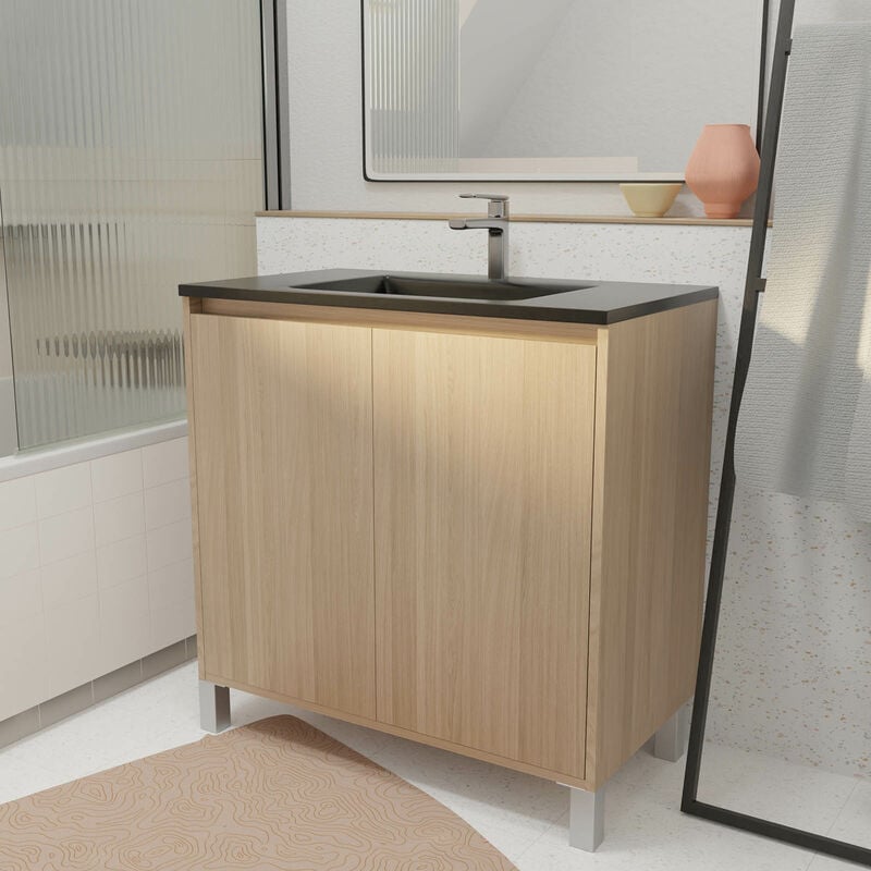 foto del prodotto aurlane - mobile bagno da 80 cm 2 ante rovere chiaro + lavabo ceramica nera - xenos