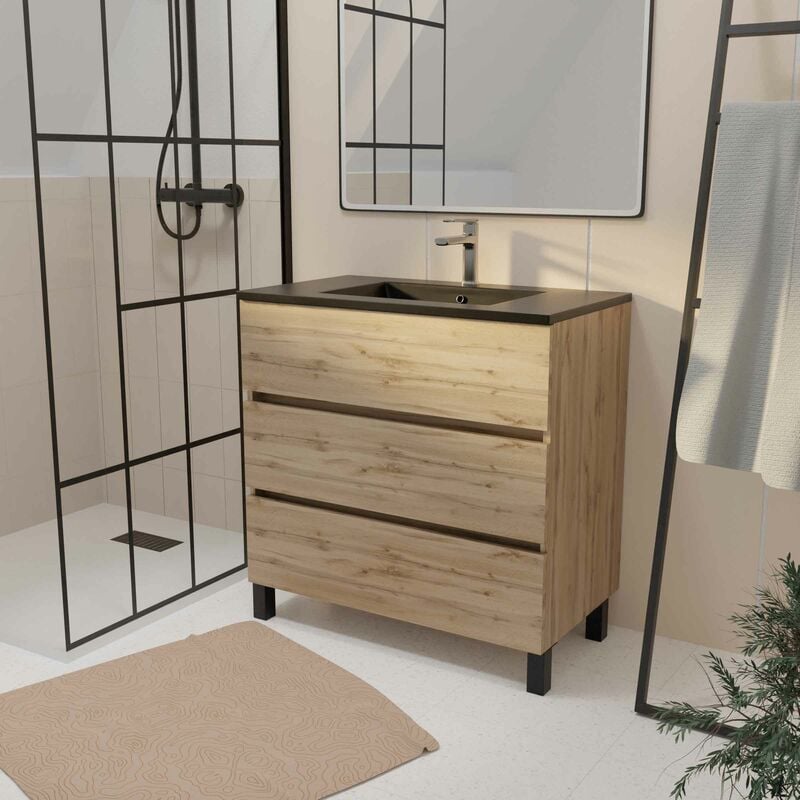 foto del prodotto aurlane mobile bagno da 80 cm 3 casseti rovere naturale lavabo ceramica nera timber