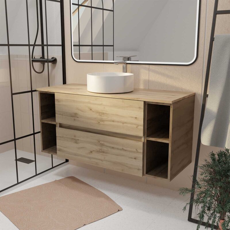 foto del prodotto aurlane mobile da bagno 120 cm timber finitura rovere, 2 cassetti, lavabo bianco da appoggio