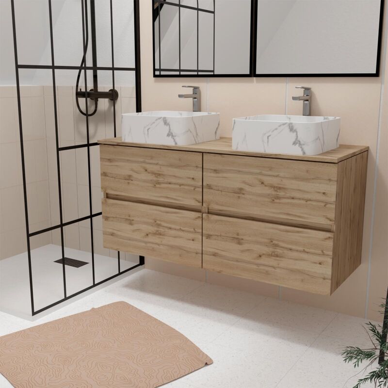 foto del prodotto aurlane mobile da bagno 120cm 4 cassetti rovere naturale 2 lavabi quadrati bianci effetto marmo 38x38x13cm