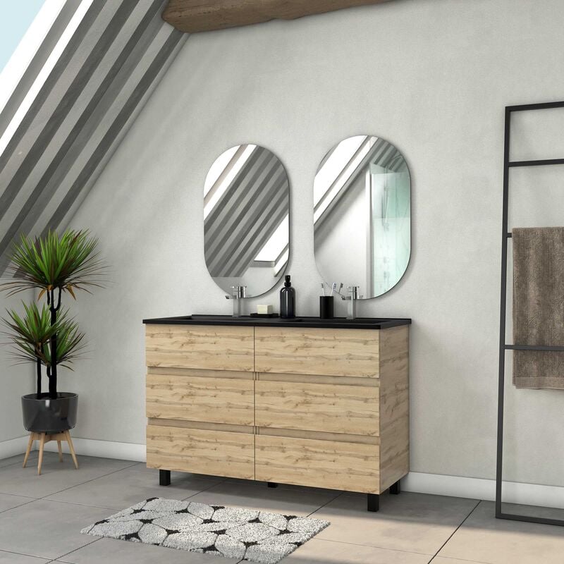 foto del prodotto aurlane mobile da bagno 120cm con 6 cassetti aspetto rovere naturale lavabo nero e specchi ovali
