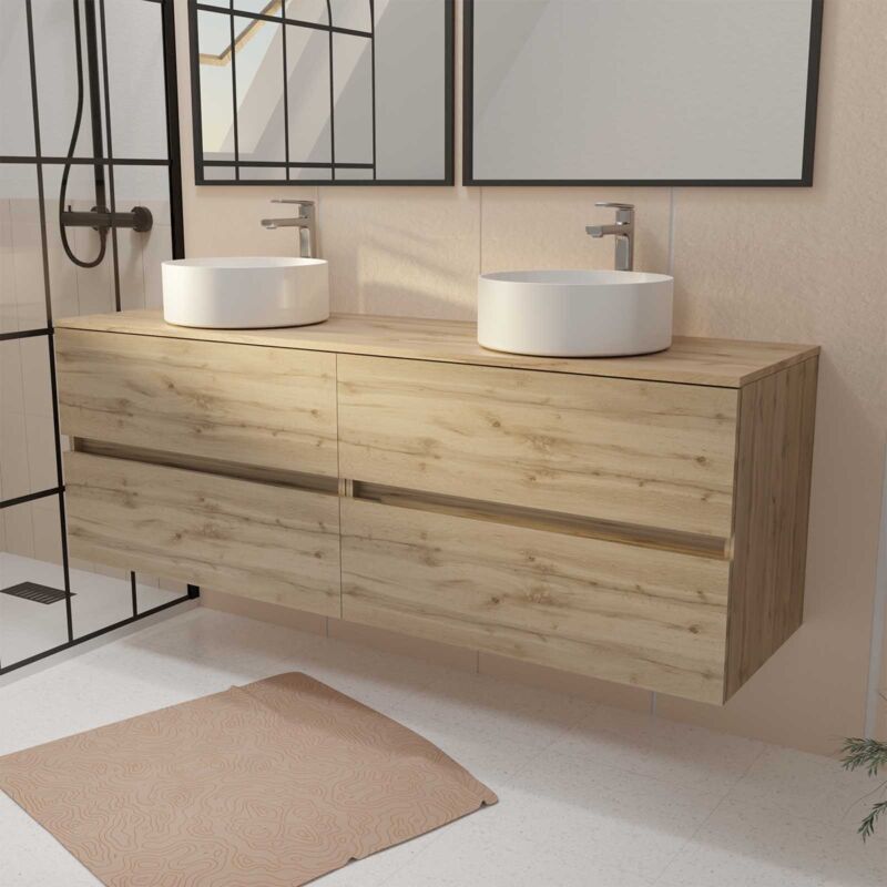 foto del prodotto aurlane mobile da bagno 160 timber decorazione rovere 4 cassetti 2 lavabi rotondi bianchi