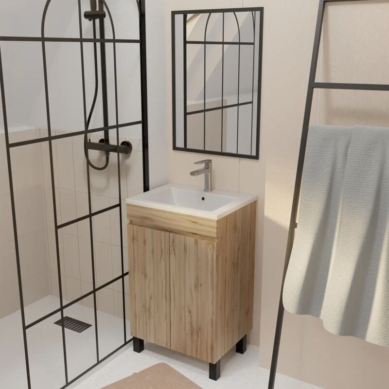 foto del prodotto aurlane mobile da bagno 50cm decorazione rovere naturale lavabo bianco e specchio 50x70 struttura nera