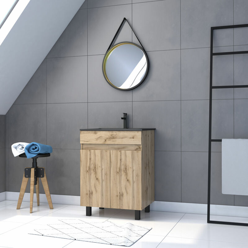 foto del prodotto aurlane mobile da bagno 60cm da appoggiare 2 ante rovere lavabo bianco specchio barbiere timber 60pack20