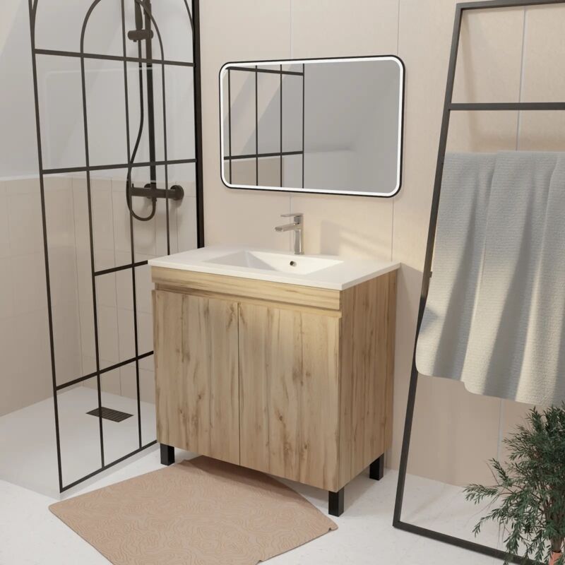 foto del prodotto aurlane mobile da bagno 70 cm decorazione rovere naturale con ante lavabo in ceramica bianca e specchio 70x50