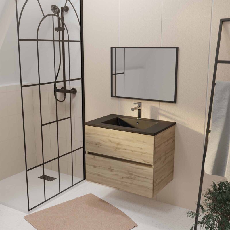 foto del prodotto aurlane mobile da bagno 70 finitura rovere naturale 2 cassetti lavabo nero e specchio 70x50cm
