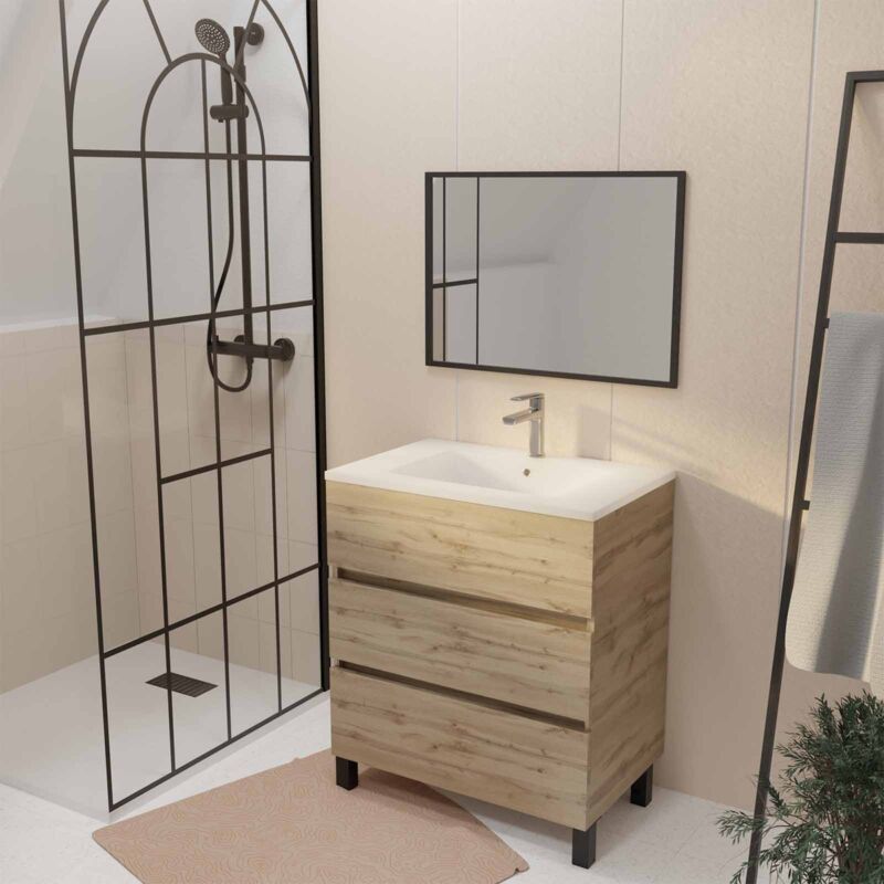 foto del prodotto aurlane mobile da bagno 70 finitura rovere naturale 3 cassetti lavabo bianco e specchio 70x50cm