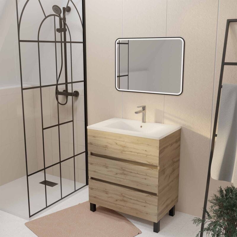 foto del prodotto aurlane - mobile da bagno 70 finitura rovere naturale 3 cassetti lavabo bianco e specchio led 70x50