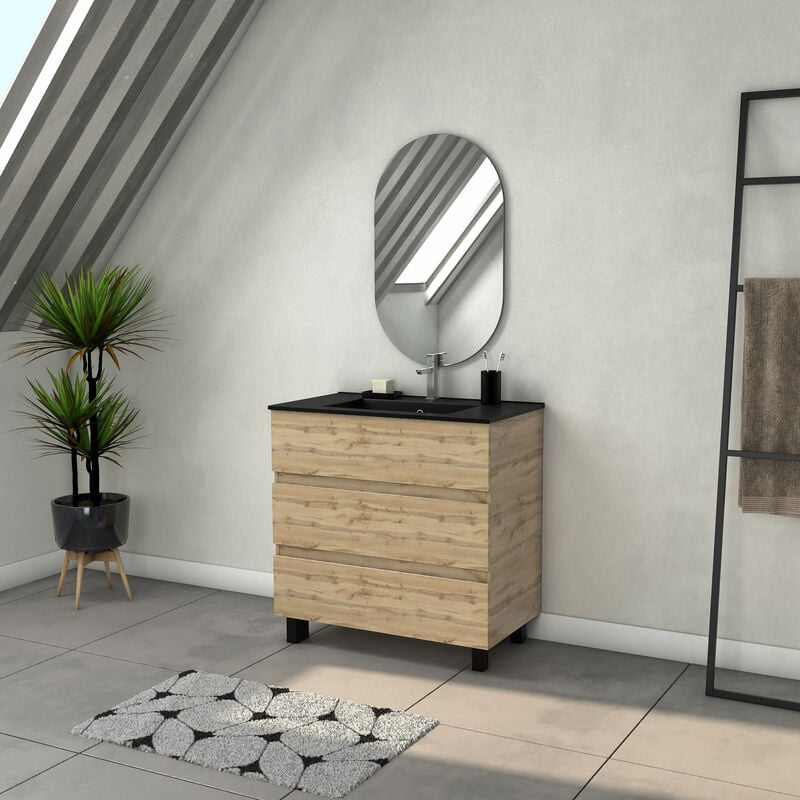 foto del prodotto aurlane mobile da bagno 80 cm con 3 cassetti aspetto rovere naturale lavabo nero e specchio ovale