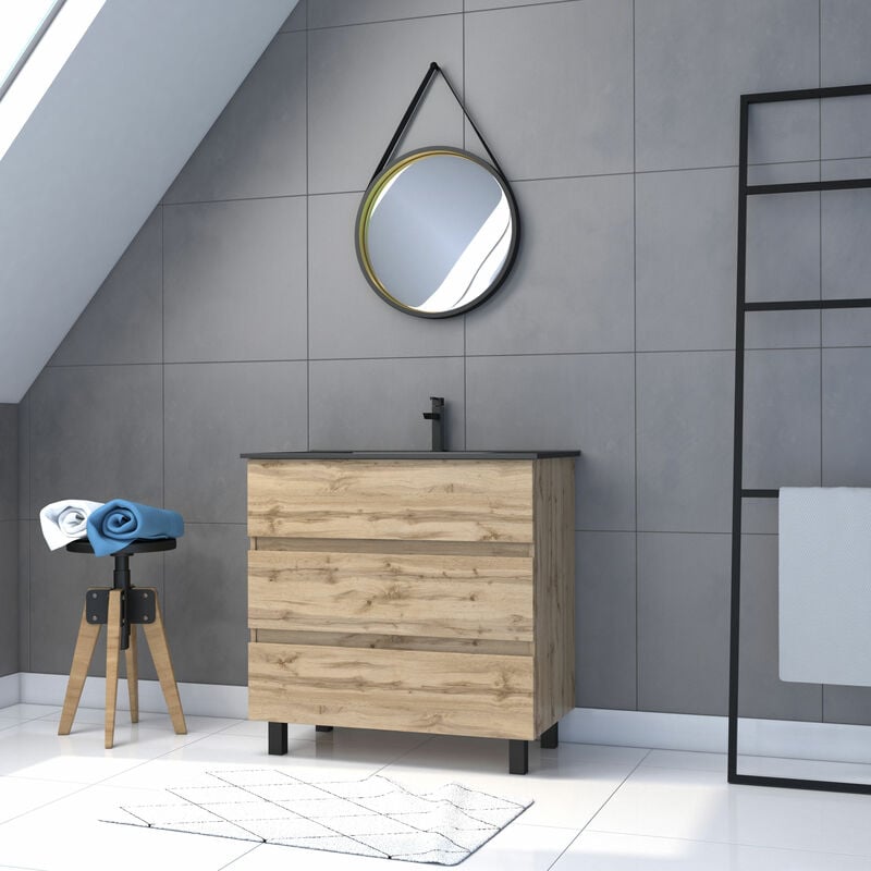 foto del prodotto aurlane mobile da bagno 80cm cassetti rovere lavabo nero specchio barbiere timber 80 pack44