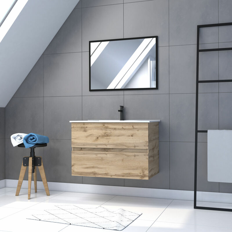 foto del prodotto aurlane mobile da bagno 80cm da appendere rovere lavabo specchio timber 80 pack35