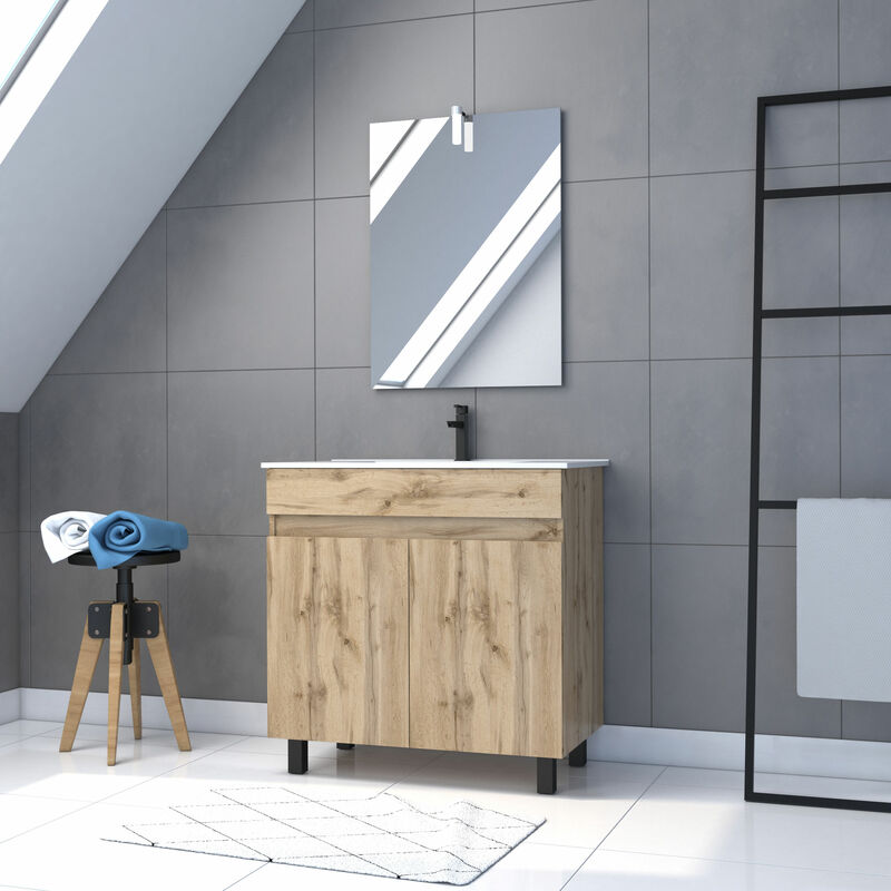 foto del prodotto aurlane mobile da bagno 80cm da appoggiare 2 ante rovere lavabo specchio led timber 80 pack27