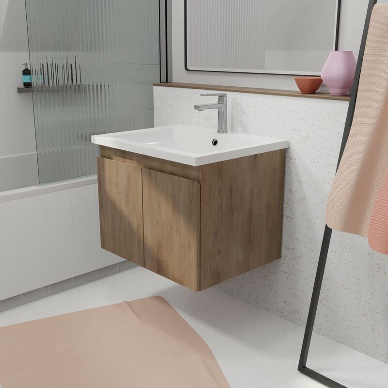 foto del prodotto aurlane mobile da bagno a sospendere 60cm finitura legno chiaro 2 porte lavabo bianco elementary