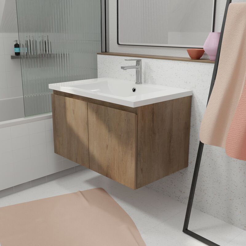 foto del prodotto aurlane mobile da bagno a sospendere 80cm finitura legno chiaro 2 porte lavabo bianco elementary
