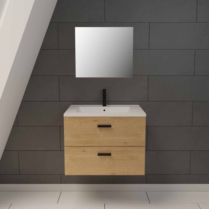 foto del prodotto aurlane mobile da bagno sospeso 60 cm con 2 cassetti finitura legno, lavabo e specchio box in 60 wood