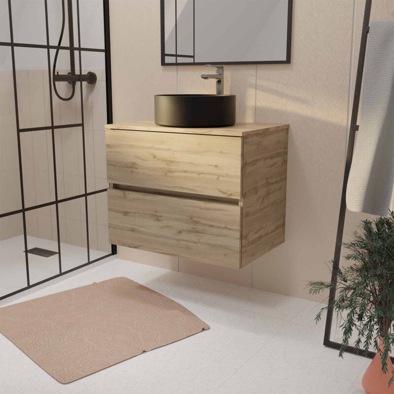 foto del prodotto aurlane mobile da bagno sospeso 70 cm timber decor rovere 2 cassetti e lavabo nero da appoggio