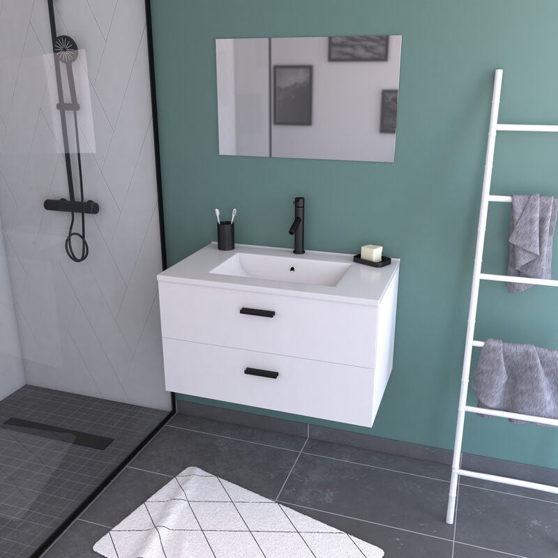 foto del prodotto aurlane mobile da bagno sospeso 80 cm bianco con 2 cassetti, lavabo e specchio box in