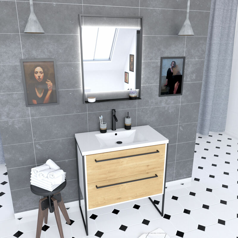 foto del prodotto aurlane mobile de bagno 80x50 cm bianco 2 casseti rovere naturale lavabo bianco specchio led