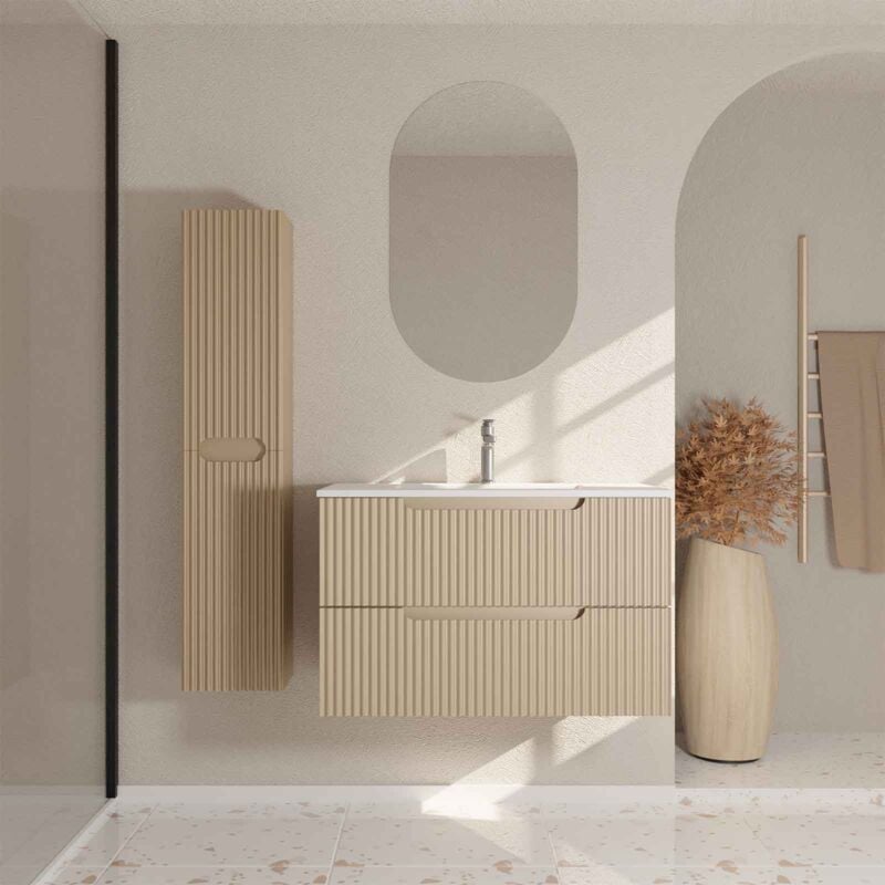 foto del prodotto aurlane mobile e colonna bagno leon 80 cm marrone glac frontali ondulati lavabo bianco opaco