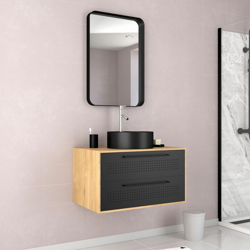 foto del prodotto aurlane mobili da bagno in rovere naturale lavabo nero opaco specchio uby 80 80x45x53cm