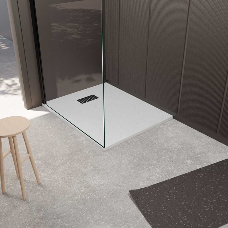 foto del prodotto aurlane pacco piatto doccia bianco effetto pietra 80x100 cm e griglia motivo lineare nero opaco