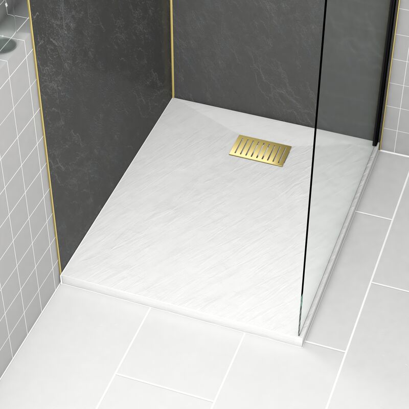 foto del prodotto aurlane pacco piatto doccia bianco effetto pietra 80x100 cm e griglia motivo lineare oro spazzolato