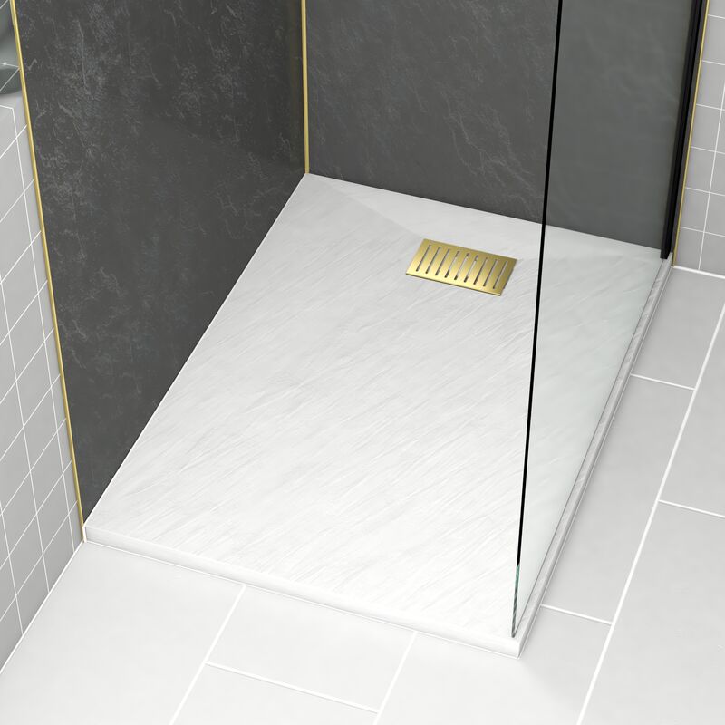 foto del prodotto aurlane pacco piatto doccia bianco effetto pietra 80x120 cm e griglia motivo lineare oro spazzolato