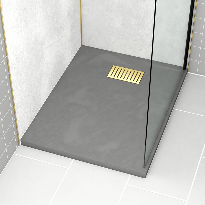foto del prodotto aurlane pacco piatto doccia grigio effetto pietra 70x90 cm e griglia motivo lineare oro spazzolato