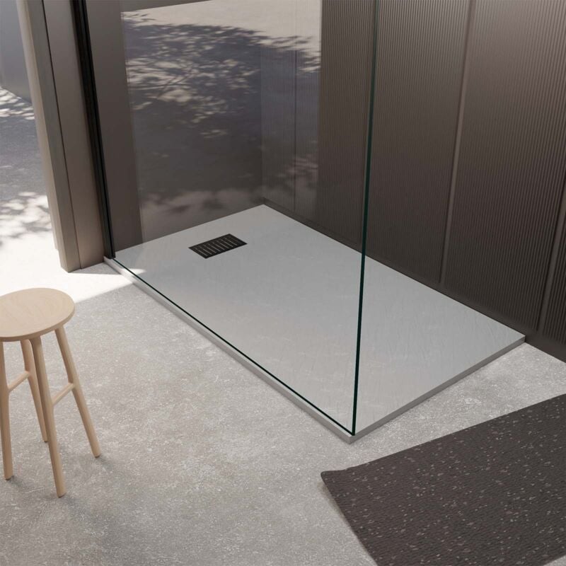 foto del prodotto aurlane pacco piatto doccia grigio effetto pietra 80x120 cm e griglia motivo lineare nero opaco