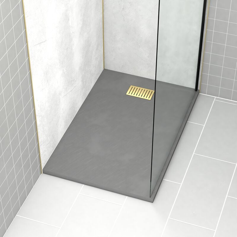 foto del prodotto aurlane - pacco piatto doccia grigio effetto pietra 80x120 cm e griglia motivo lineare oro spazzolato