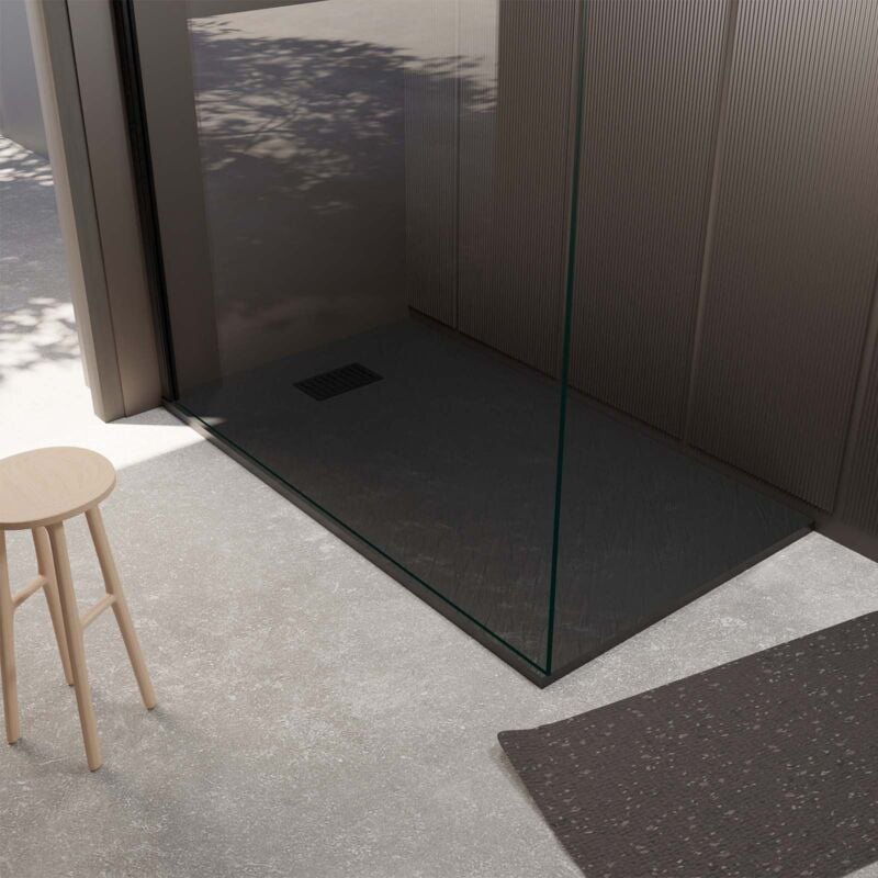 foto del prodotto aurlane pacco piatto doccia nero effetto pietra 80x120 cm e griglia motivo lineare nero opaco
